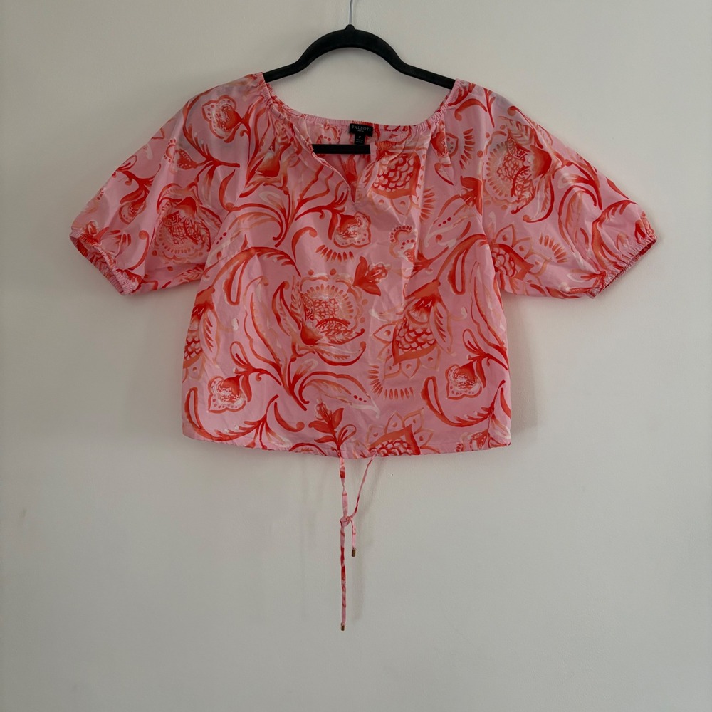 Talbots Poplin Drawcord Hem Top Jacobean Fantasia Pink Floral Tropical P Petite - Picture 2 of 6